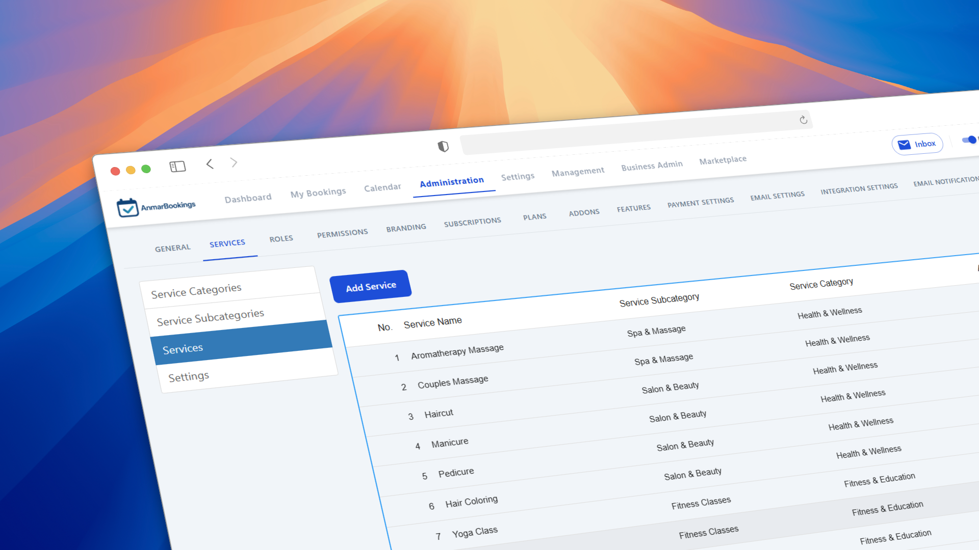 Admin services management with categories and toggles